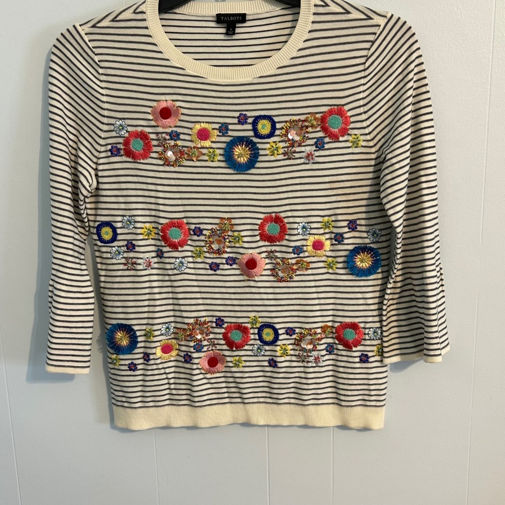 Talbots Women Striped Floral Embellished‎ Crew Neck Bell Sleeve Sweater Small